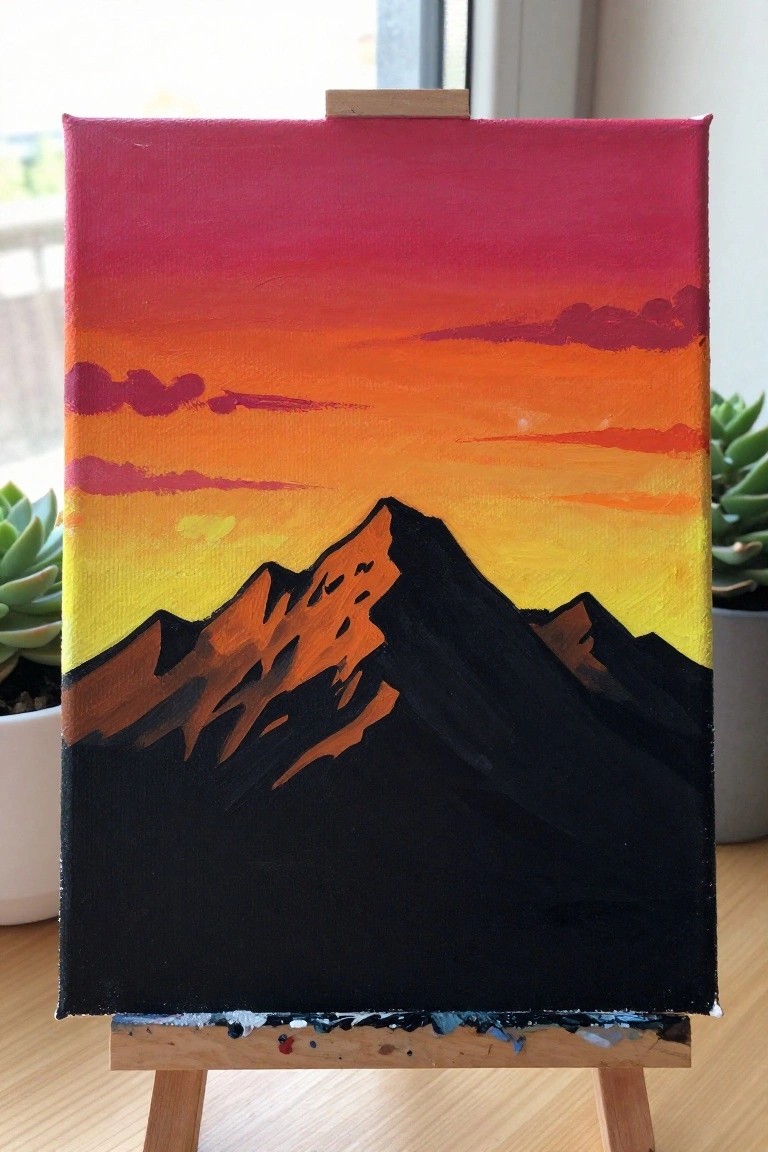 Vibrant red-orange sunset over black mountain silhouettes on canvas easel