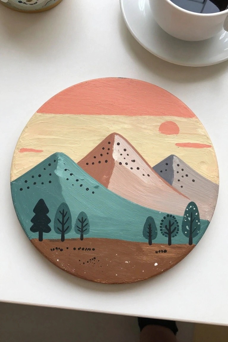 Circular mountain landscape painting in pastel hues beside white coffee cup on table