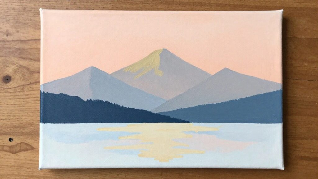 Canvas painting of layered blue mountains reflected in golden lake under peach sky