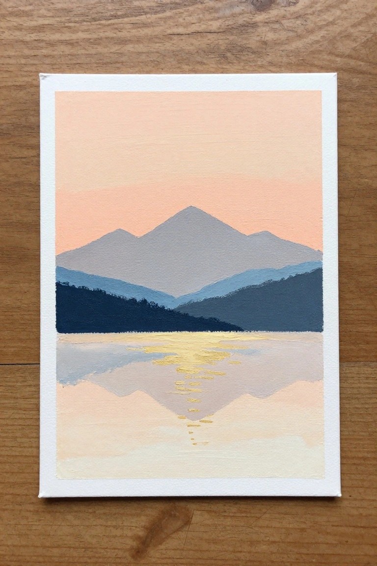 Canvas painting of layered blue mountains reflected in golden lake under peach sky