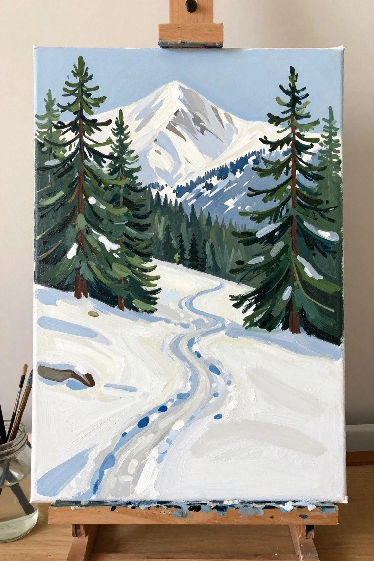 Painting on easel shows snowy mountain path winding through pine trees under blue sky.