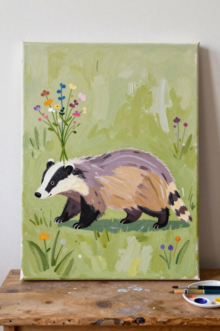 Acrylic painting of a walking badger with colorful flowers on its back in a green field
