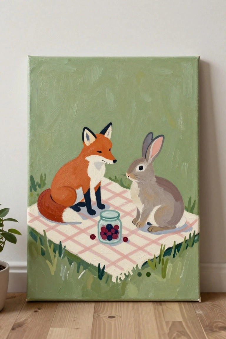 Orange fox and gray rabbit on pink checkered blanket with berry jar in grass.