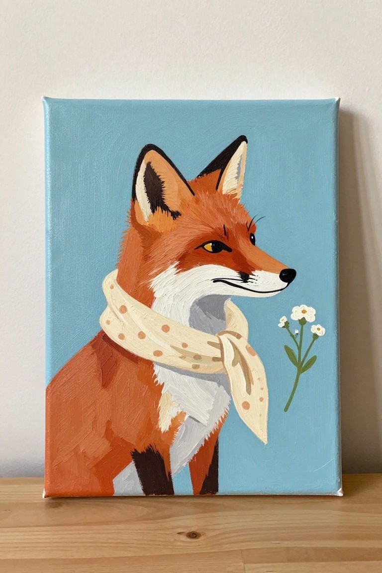 Orange fox wearing polka-dot scarf beside white flowers on light blue canvas