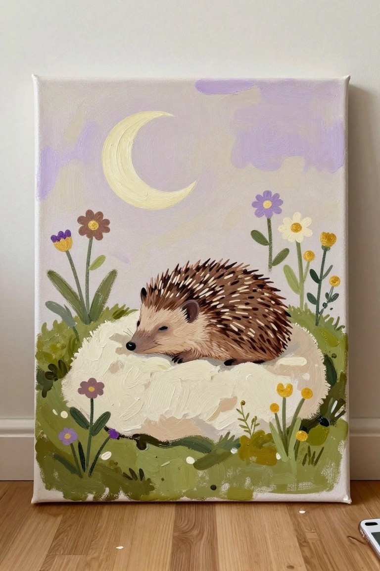 Hedgehog sleeps on white fluffy mound amid colorful flowers under yellow crescent moon in purple sky.