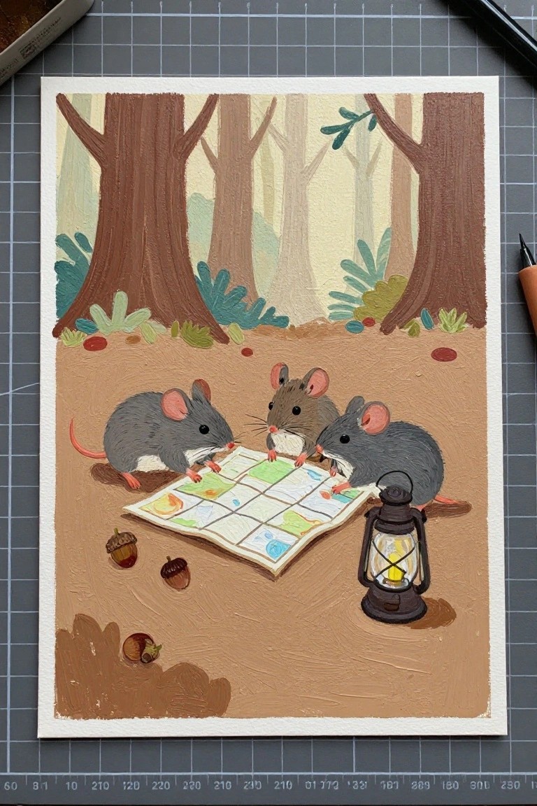 Three mice study a map by lantern light amid trees and acorns.