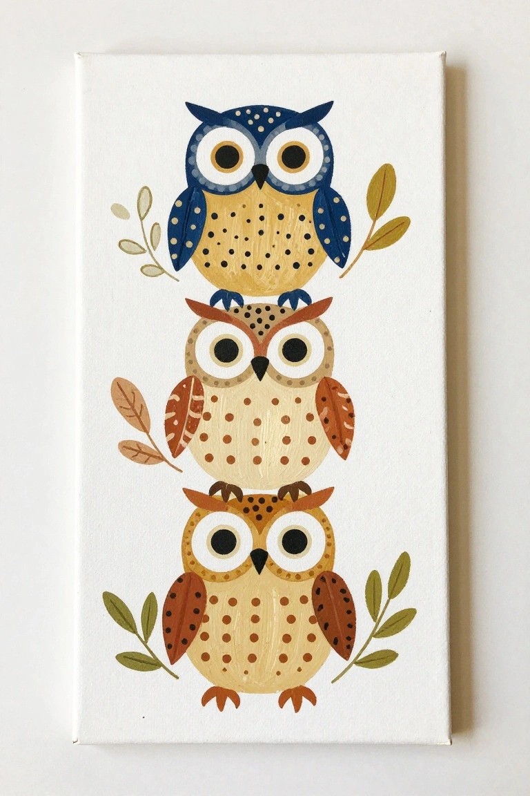 Three stacked colorful owls with leaf accents on white canvas painting