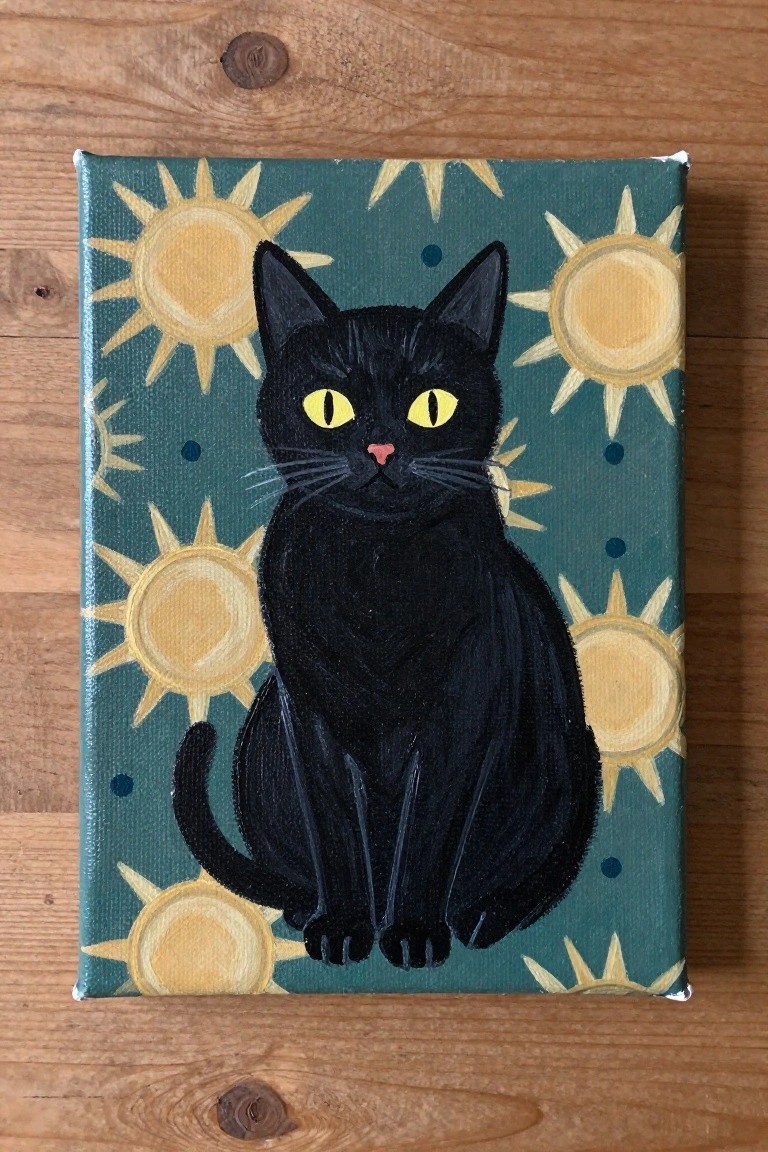 Black cat with yellow eyes sits amid yellow suns on teal painted canvas