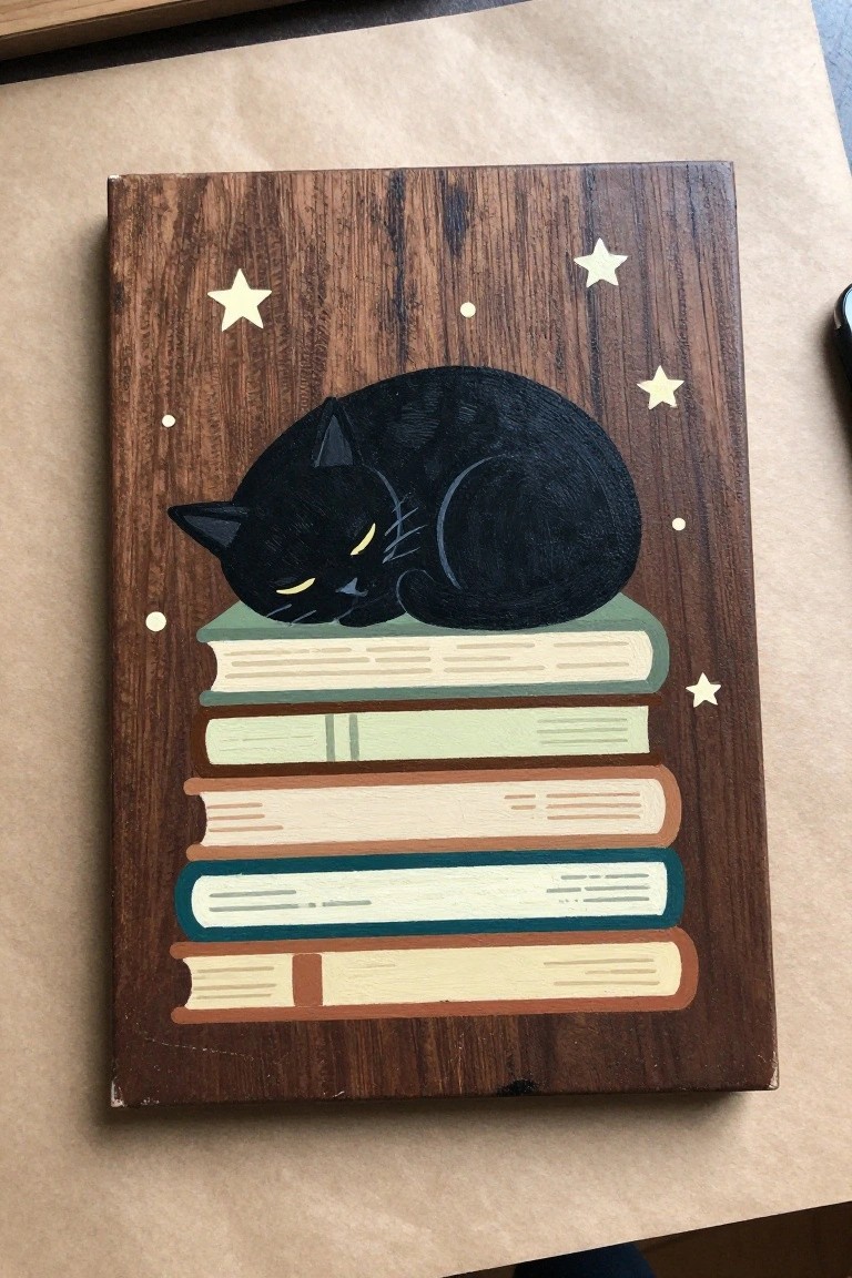 Black cat sleeping on a stack of books with stars on a dark wooden background.