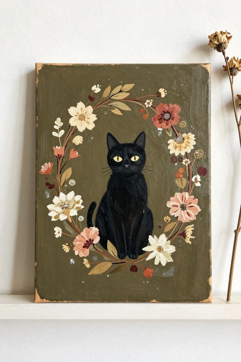 Acrylic painting of a black cat sitting inside a circular wreath of flowers on an olive green background.