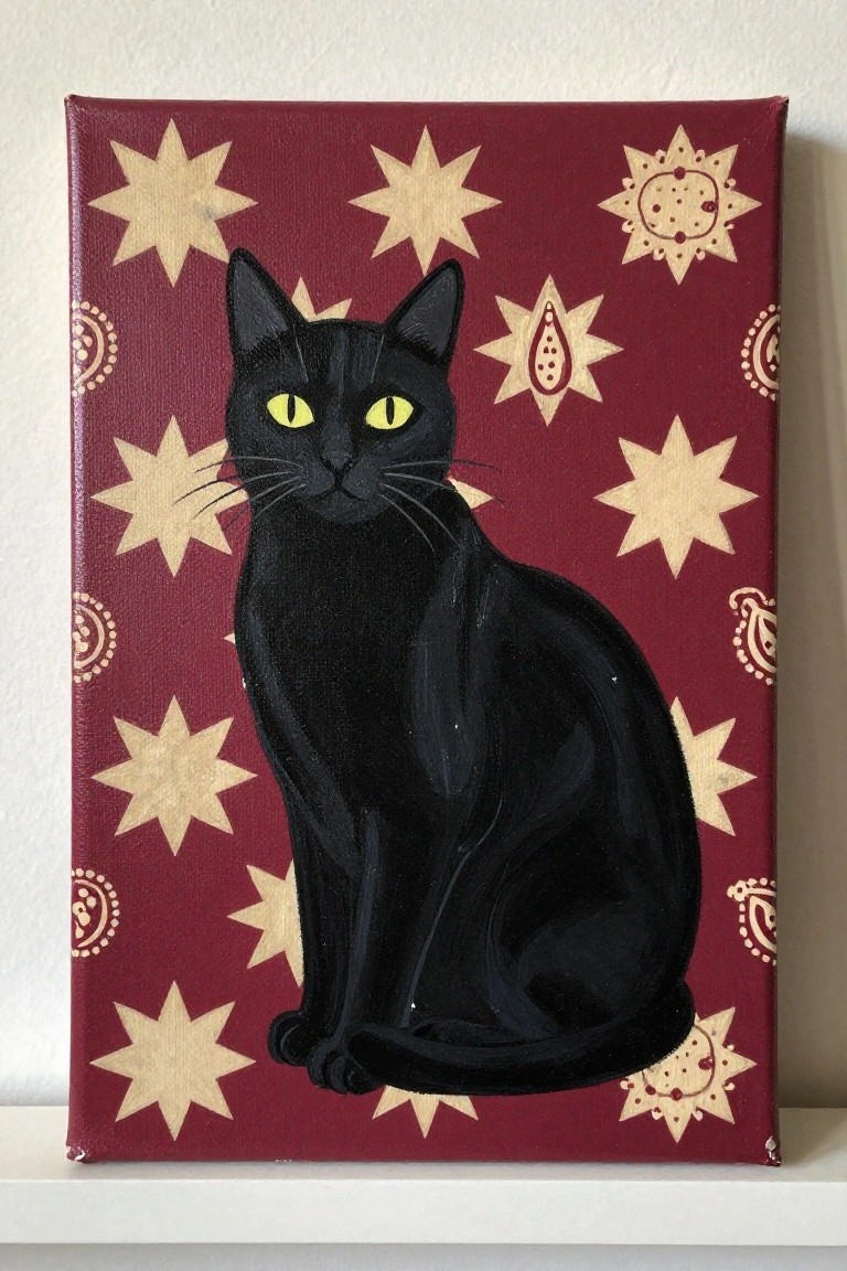 Black cat with yellow eyes on maroon canvas with gold stars and patterns.