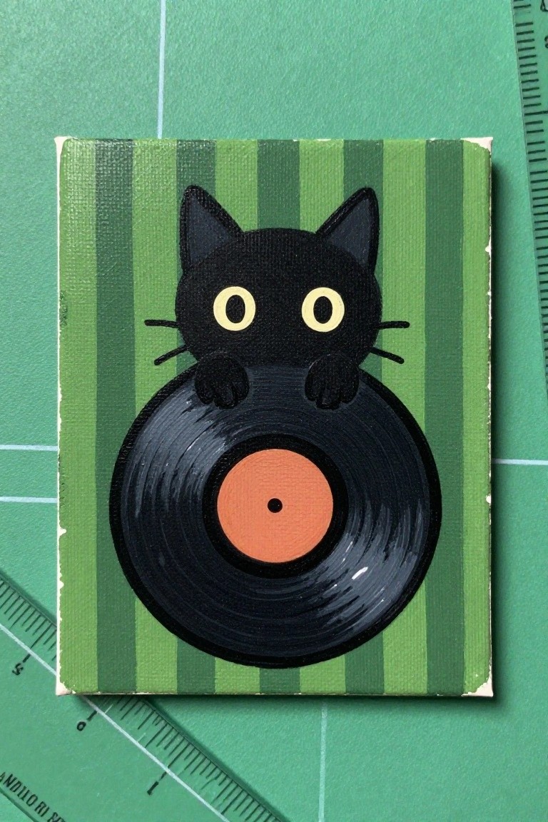 Black cat with yellow eyes resting paws on vinyl record against green stripes.