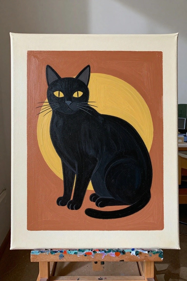 Black cat with yellow eyes on orange background with yellow circle, on easel.