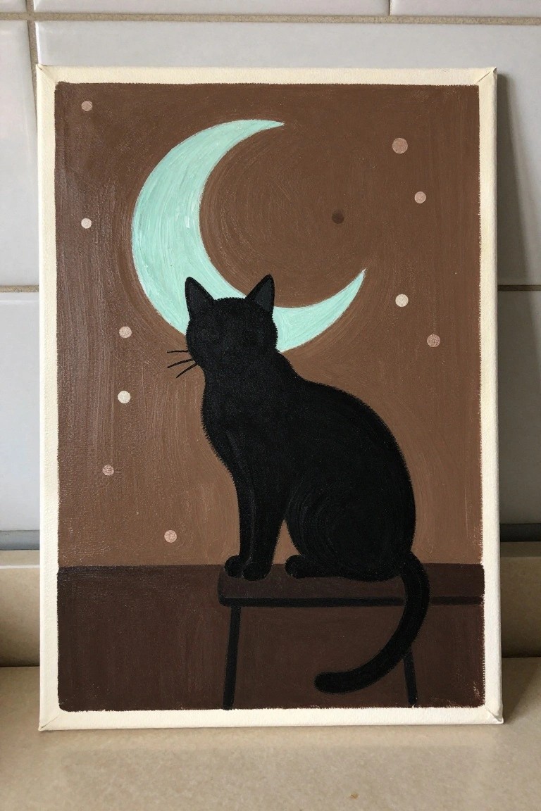 Black cat on stool gazes at large teal crescent moon amid stars on brown background.
