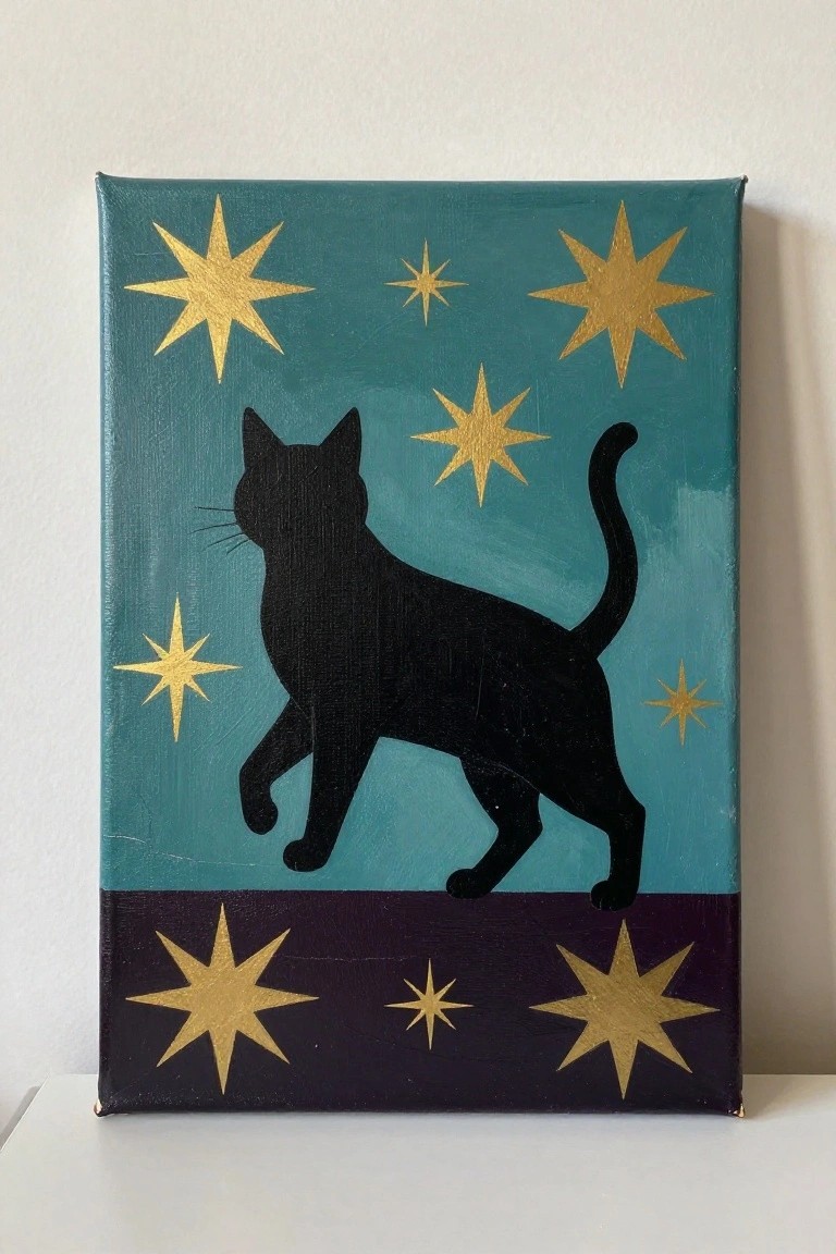 Black cat silhouette on teal canvas with gold stars and purple starry base