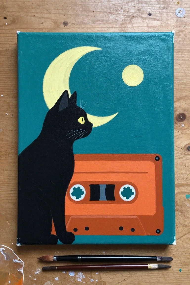 Black cat silhouette with orange cassette tape under yellow crescent moon on teal canvas