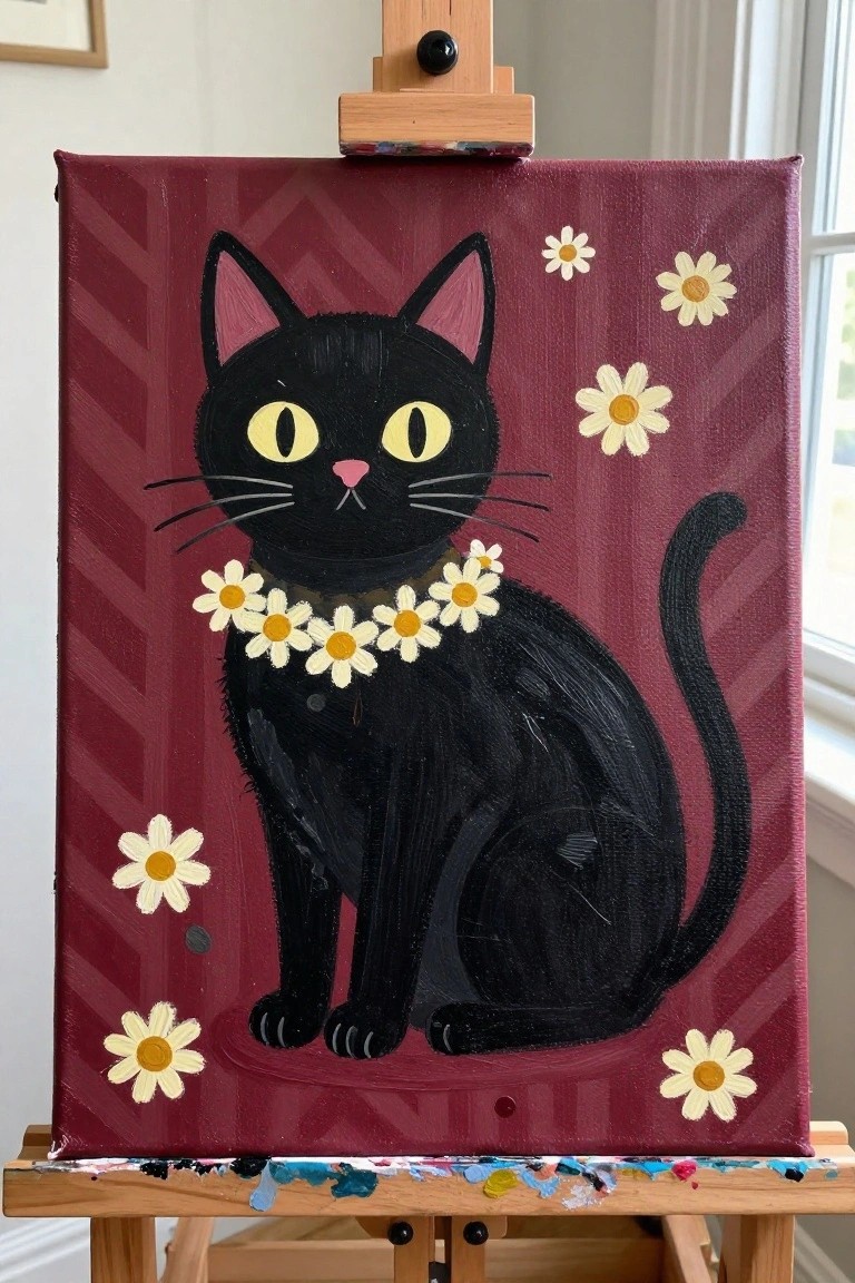 Black cat with daisy collar on maroon chevron canvas atop wooden easel