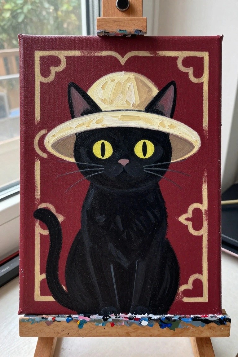Black cat with yellow eyes wearing straw hat on red gold-bordered background