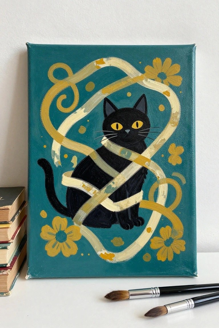 Black cat wrapped in beige ribbon on teal canvas with yellow flowers and brushes