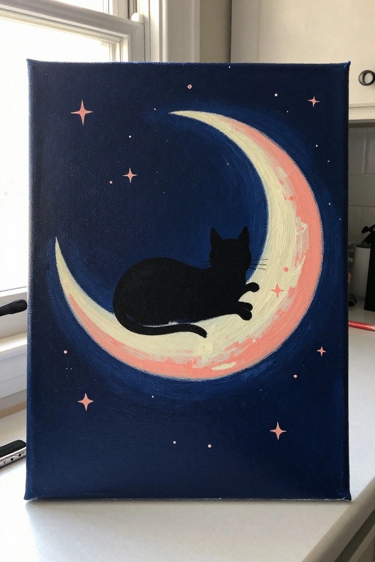 Black cat silhouette on pastel crescent moon amid stars in dark blue sky painting