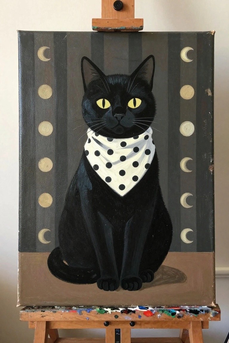 Black cat with yellow eyes and polka-dot bandana on moon-striped canvas on easel