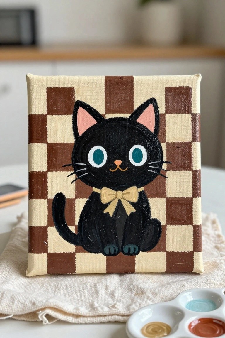 A black cat with teal eyes and a yellow bow sits centered on a brown and cream checkered canvas.