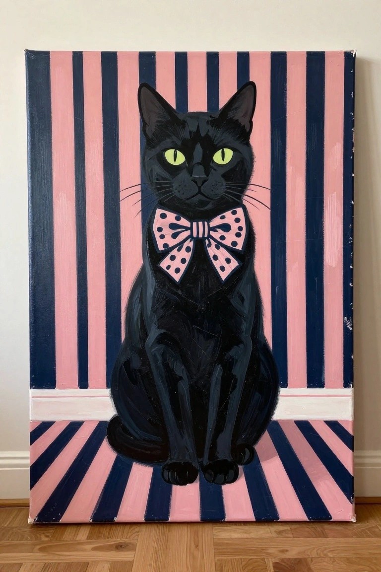 Black cat with pink polka-dot bow tie against pink and navy stripes