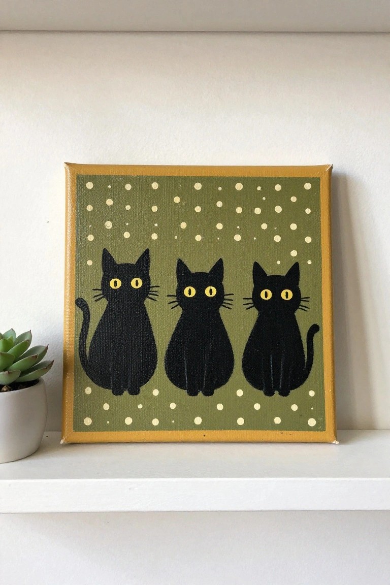 Three black cats with yellow eyes on green canvas dotted with white
