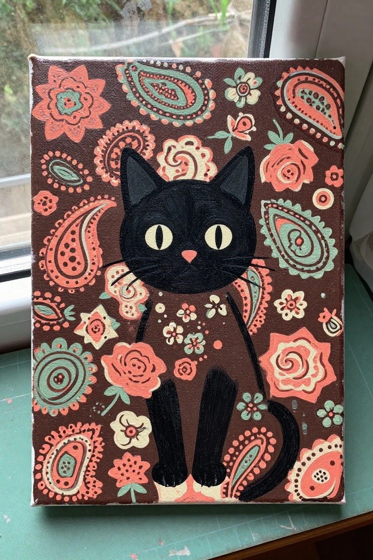 Black cat with yellow eyes on brown canvas amid colorful paisley and floral patterns