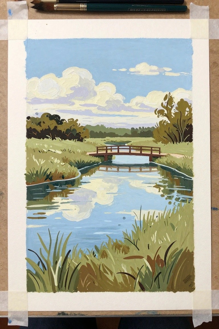 Stylized landscape painting of river, wooden bridge, green fields and cloudy blue sky