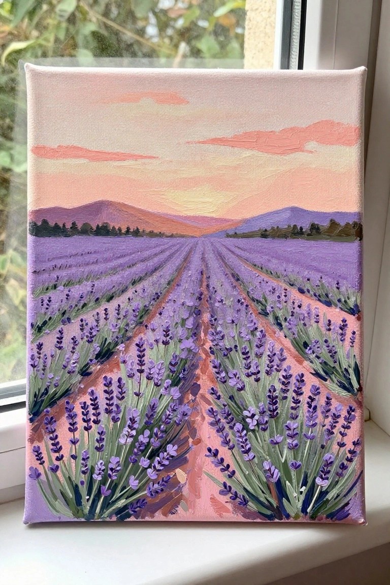 Lavender field painting with purple rows under pink-orange sunset sky and hills