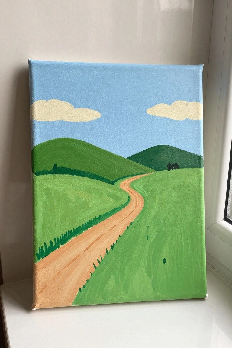 Winding orange path curving through green hills under blue sky with clouds on canvas.