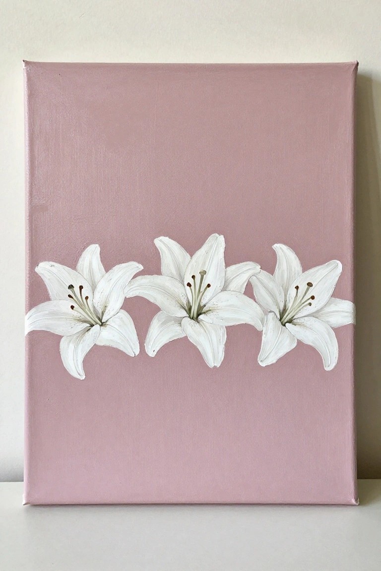 Three white lilies painted horizontally on a solid pink canvas