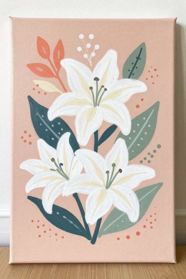 Three white lilies with green leaves and orange accents on pink canvas