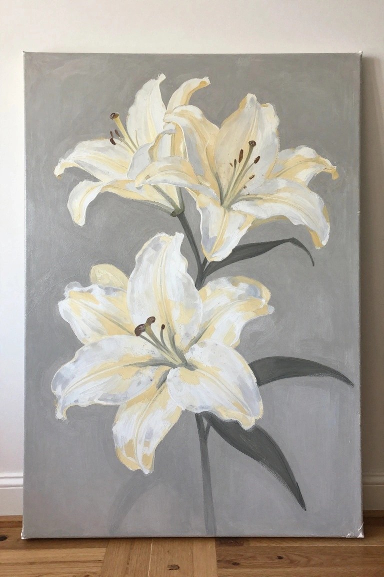 Three white and yellow lilies with green leaves on gray canvas background