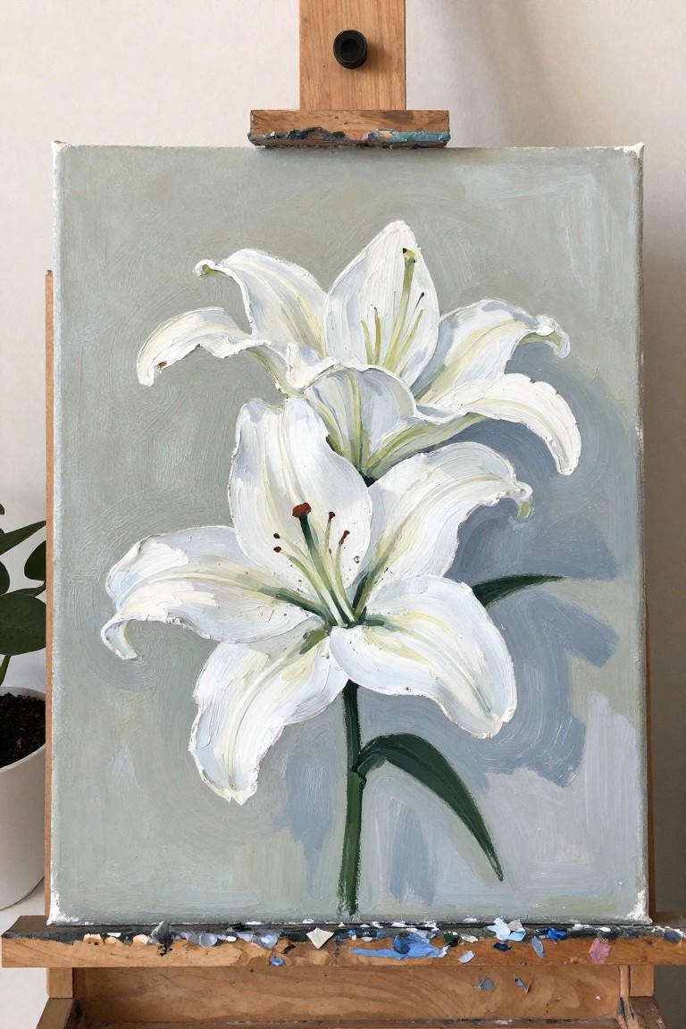 White lilies painted on canvas atop wooden easel with paint splatters