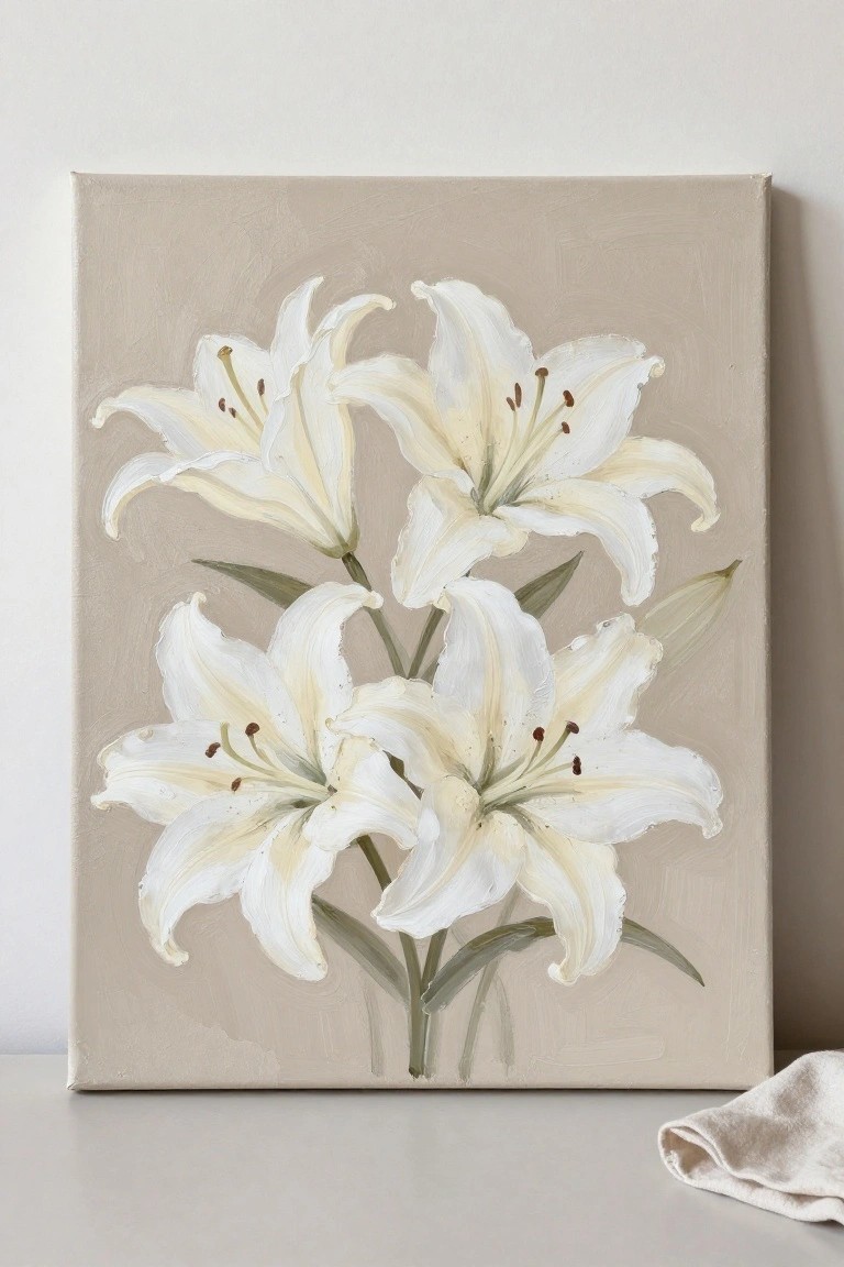 Painting of white lilies with green stems on beige canvas against wall