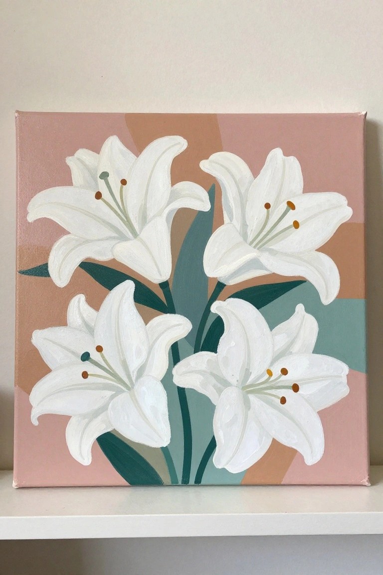 Four white lilies with green stems on pink brown teal abstract canvas.