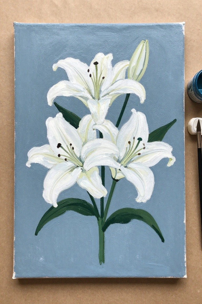 Canvas painting of white lilies with green leaves on blue background.