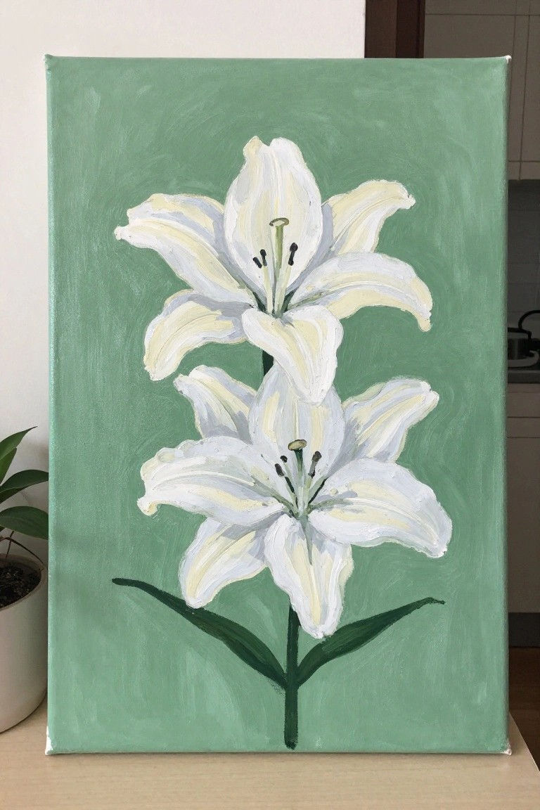 Two white lilies with green stems and leaves on textured green canvas.