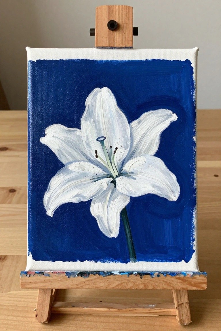 White lily flower on deep blue canvas atop small wooden easel.