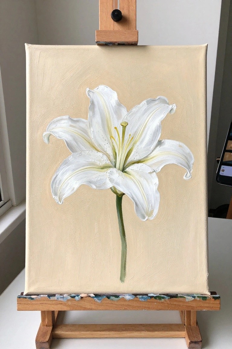White lily painting on beige canvas atop wooden easel