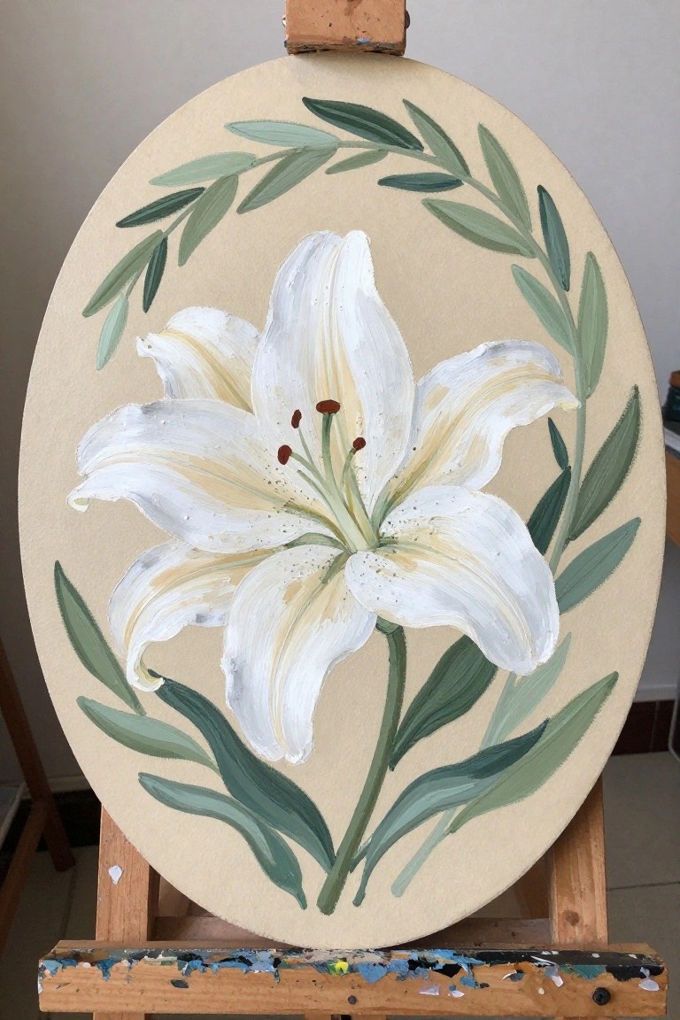 White lily with green leaves painted on oval canvas atop wooden easel