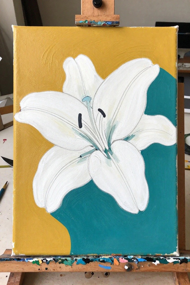 White lily painting on canvas with yellow and teal background on wooden easel