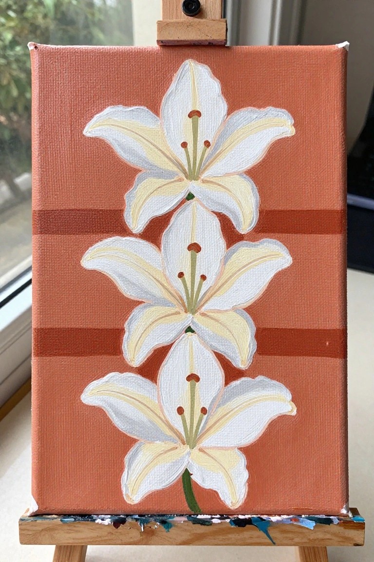 Three white lilies on terracotta canvas with brown stripes, mounted on wooden easel.