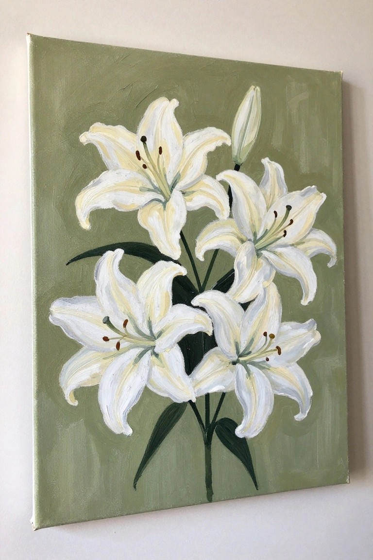 White lilies blooming on green stems against a muted green background