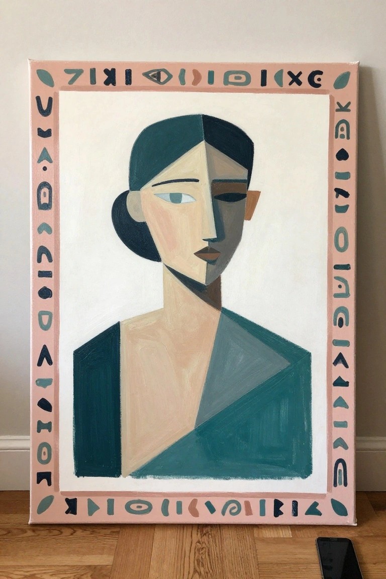 Acrylic painting of a geometric female portrait with teal clothing and a pink border filled with abstract symbols.