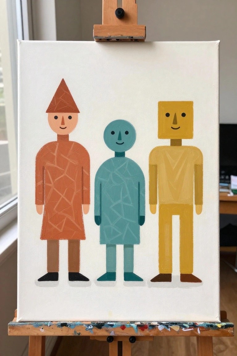 Three abstract figures in orange, teal, and yellow on canvas atop wooden easel.