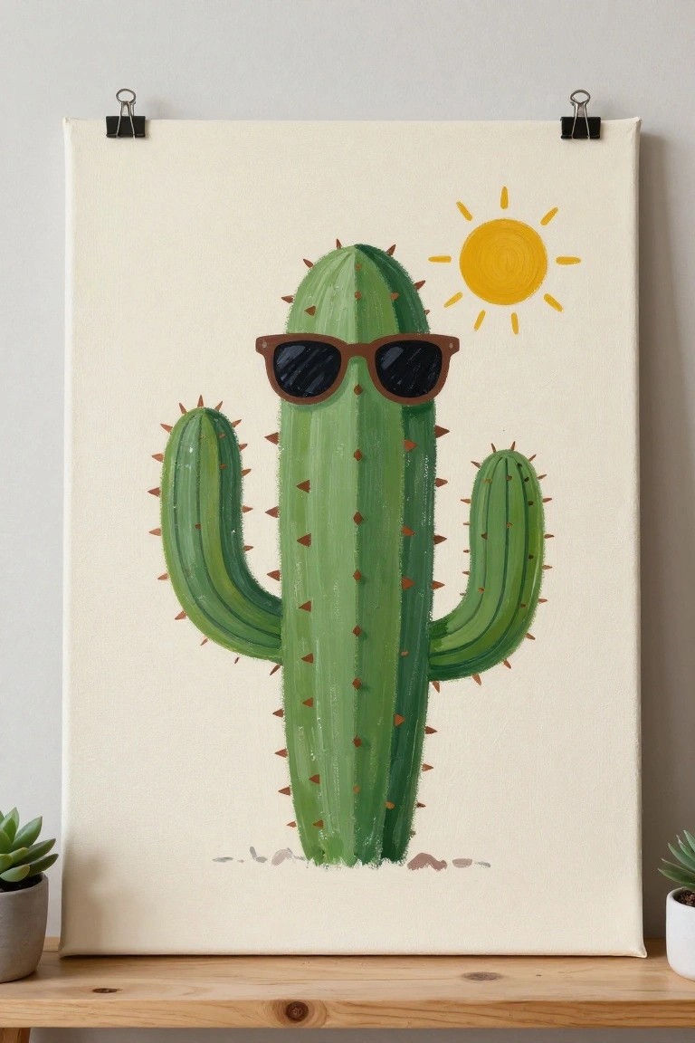 Green cactus in sunglasses painted on canvas with yellow sun overhead