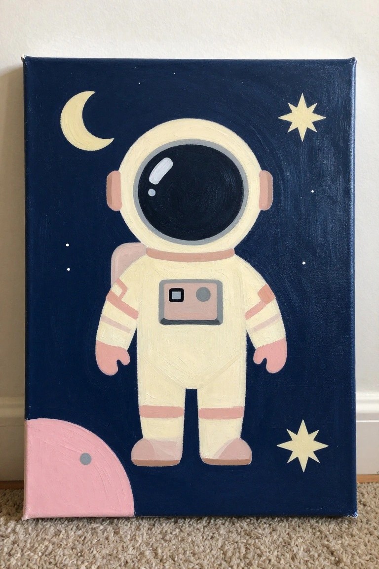 Astronaut in white and pink spacesuit with moon, stars, and planet on dark blue background